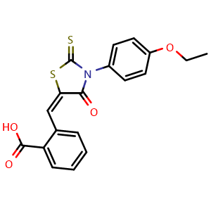 Chemical structure of (E)-2-((3-(4-ethoxyphenyl)-4-oxo-2-thioxothiazolidin-5-ylidene)methyl)benzoic acid , CAS 303790-24-1, AChemBlock X209540