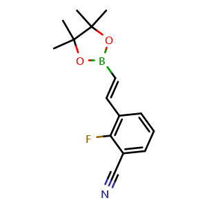 Chemical structure of (E)-2-fluoro-3-(2-(4,4,5,5-tetramethyl-1,3,2-dioxaborolan-2-yl)vinyl)benzonitrile , AChemBlock X209542