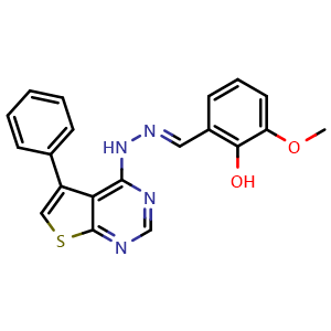 Chemical structure of (E)-2-methoxy-6-((2-(5-phenylthieno[2,3-d]pyrimidin-4-yl)hydrazineylidene)methyl)phenol , CAS 877792-12-6, AChemBlock X209543