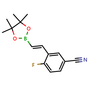 Chemical structure of (E)-4-fluoro-3-(2-(4,4,5,5-tetramethyl-1,3,2-dioxaborolan-2-yl)vinyl)benzonitrile , AChemBlock X209547
