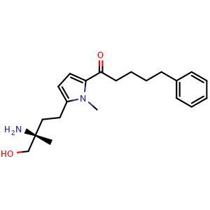 Chemical structure of (R)-1-(5-(3-amino-4-hydroxy-3-methylbutyl)-1-methyl-1H-pyrrol-2-yl)-5-phenylpentan-1-one , CAS 566936-33-2, AChemBlock X209562