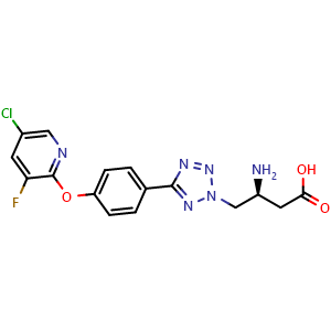 Chemical structure of (S)-3-amino-4-(5-(4-((5-chloro-3-fluoropyridin-2-yl)oxy)phenyl)-2H-tetrazol-2-yl)butanoic acid , CAS 1799681-85-8, AChemBlock X209594