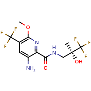 Chemical structure of (S)-3-amino-6-methoxy-N-(3,3,3-trifluoro-2-hydroxy-2-methylpropyl)-5-(trifluoromethyl)picolinamide , CAS 1334546-77-8, AChemBlock X209595