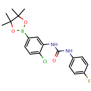 Chemical structure of 1-(2-chloro-5-(4,4,5,5-tetramethyl-1,3,2-dioxaborolan-2-yl)phenyl)-3-(4-fluorophenyl)urea , CAS 1400225-67-3, AChemBlock X209651