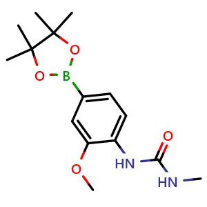 Chemical structure of 1-(2-methoxy-4-(4,4,5,5-tetramethyl-1,3,2-dioxaborolan-2-yl)phenyl)-3-methylurea , CAS 2246823-64-1, AChemBlock X209657