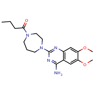 Chemical structure of 1-(4-(4-amino-6,7-dimethoxyquinazolin-2-yl)-1,4-diazepan-1-yl)butan-1-one , CAS 80755-51-7, AChemBlock X209680