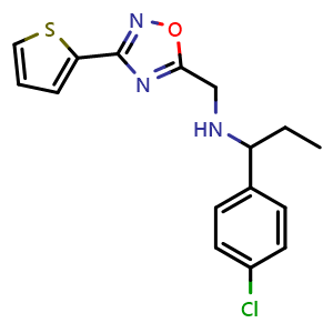 Chemical structure of 1-(4-Chlorophenyl)-N-((3-(thiophen-2-yl)-1,2,4-oxadiazol-5-yl)methyl)propan-1-amine , CAS 1031123-34-8, AChemBlock X209690