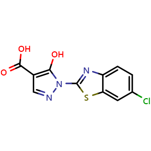 Chemical structure of 1-(6-Chloro-2-benzothiazolyl)-5-hydroxy-1H-pyrazole-4-carboxylic acid , AChemBlock X209703