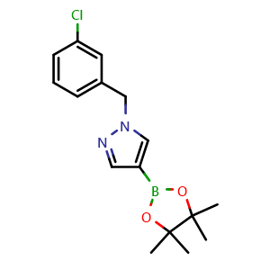Chemical structure of 1-[(3-chlorophenyl)methyl]-4-(tetramethyl-1,3,2-dioxaborolan-2-yl)-1H-pyrazole , CAS 1415825-07-8, AChemBlock X209768