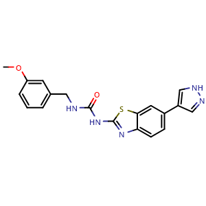 Chemical structure of 1-[(3-methoxyphenyl)methyl]-3-[6-(1H-pyrazol-4-yl)-1,3-benzothiazol-2-yl]urea , CAS 1213261-01-8, AChemBlock X209769
