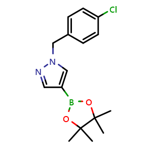 Chemical structure of 1-[(4-chlorophenyl)methyl]-4-(tetramethyl-1,3,2-dioxaborolan-2-yl)-1H-pyrazole , CAS 1430750-51-8, AChemBlock X209771
