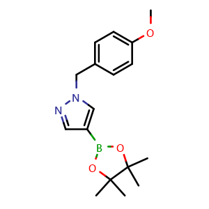 Chemical structure of 1-[(4-methoxyphenyl)methyl]-4-(4,4,5,5-tetramethyl-1,3,2-dioxaborolan-2-yl)pyrazole , CAS 1105039-88-0, AChemBlock X209772