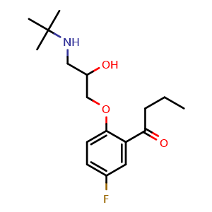 Chemical structure of 1-[2-[3-[(1,1-Dimethylethyl)amino]-2-hydroxypropoxy]-5-fluorophenyl]-1-butanone , CAS 58930-32-8, AChemBlock X209775