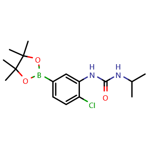 Chemical structure of 1-[2-chloro-5-(tetramethyl-1,3,2-dioxaborolan-2-yl)phenyl]-3-(propan-2-yl)urea , CAS 2246605-51-4, AChemBlock X209780