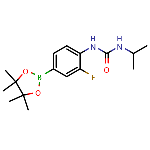 Chemical structure of 1-[2-fluoro-4-(tetramethyl-1,3,2-dioxaborolan-2-yl)phenyl]-3-(propan-2-yl)urea , CAS 2246769-29-7, AChemBlock X209784