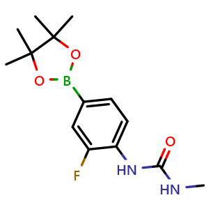 Chemical structure of 1-[2-fluoro-4-(tetramethyl-1,3,2-dioxaborolan-2-yl)phenyl]-3-methylurea , CAS 2246583-62-8, AChemBlock X209785
