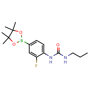 Chemical structure of 1-[2-fluoro-4-(tetramethyl-1,3,2-dioxaborolan-2-yl)phenyl]-3-propylurea , CAS 2246894-51-7, AChemBlock X209786