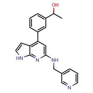 Chemical structure of 1-[3-[6-(pyridin-3-ylmethylamino)-1H-pyrrolo[2,3-b]pyridin-4-yl]phenyl]ethanol , CAS 1360251-05-3, AChemBlock X209789