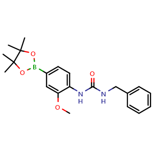 Chemical structure of 1-benzyl-3-(2-methoxy-4-(4,4,5,5-tetramethyl-1,3,2-dioxaborolan-2-yl)phenyl)urea , CAS 2246852-97-9, AChemBlock X209805