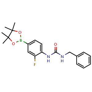 Chemical structure of 1-benzyl-3-[2-fluoro-4-(tetramethyl-1,3,2-dioxaborolan-2-yl)phenyl]urea , CAS 2246759-61-3, AChemBlock X209808