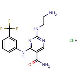 Chemical structure of 2-((2-aminoethyl)amino)-4-((3-(trifluoromethyl)phenyl)amino)pyrimidine-5-carboxamide hydrochloride , CAS 2490508-82-0, AChemBlock X209880