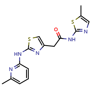 Chemical structure of 2-(2-((6-methylpyridin-2-yl)amino)thiazol-4-yl)-N-(5-methylthiazol-2-yl)acetamide , CAS 1226443-41-9, AChemBlock X209896