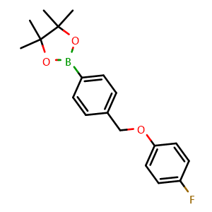 Chemical structure of 2-(4-((4-fluorophenoxy)methyl)phenyl)-4,4,5,5-tetramethyl-1,3,2-dioxaborolane , CAS 1160829-20-8, AChemBlock X209930