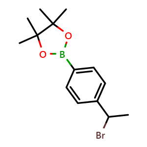 Chemical structure of 2-(4-(1-Bromoethyl)phenyl)-4,4,5,5-tetramethyl-1,3,2-dioxaborolane , CAS 1422655-36-4, AChemBlock X209931
