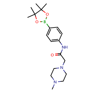 Chemical structure of 2-(4-methylpiperazin-1-yl)-N-(4-(4,4,5,5-tetramethyl-1,3,2-dioxaborolan-2-yl)phenyl)acetamide , CAS 1480399-95-8, AChemBlock X209945