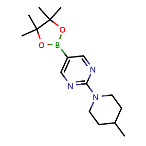 Chemical structure of 2-(4-methylpiperidin-1-yl)-5-(4,4,5,5-tetramethyl-1,3,2-dioxaborolan-2-yl)pyrimidine , CAS 1402174-21-3, AChemBlock X209947