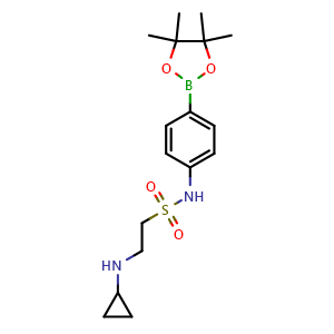 Chemical structure of 2-(cyclopropylamino)-N-(4-(4,4,5,5-tetramethyl-1,3,2-dioxaborolan-2-yl)phenyl)ethane-1-sulfonamide , CAS 756520-93-1, AChemBlock X209962