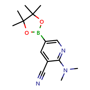 Chemical structure of 2-(dimethylamino)-5-(4,4,5,5-tetramethyl-1,3,2-dioxaborolan-2-yl)pyridine-3-carbonitrile , CAS 1346809-50-4, AChemBlock X209969