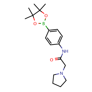 Chemical structure of 2-(pyrrolidin-1-yl)-N-(4-(4,4,5,5-tetramethyl-1,3,2-dioxaborolan-2-yl)phenyl)acetamide , CAS 825630-80-6, AChemBlock X209977
