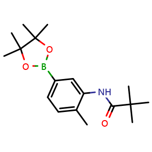 Chemical structure of 2,2-dimethyl-N-[2-methyl-5-(tetramethyl-1,3,2-dioxaborolan-2-yl)phenyl]propanamide , CAS 2246741-86-4, AChemBlock X209990