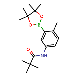 Chemical structure of 2,2-dimethyl-N-[4-methyl-3-(tetramethyl-1,3,2-dioxaborolan-2-yl)phenyl]propanamide , CAS 2246631-55-8, AChemBlock X209992