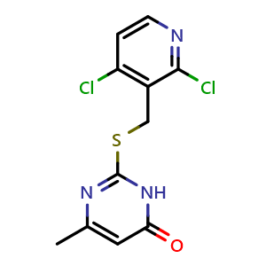 Chemical structure of 2-[(2,4-dichloro-3-pyridyl)methylsulfanyl]-4-methyl-1H-pyrimidin-6-one , CAS 1256558-00-5, AChemBlock X210050