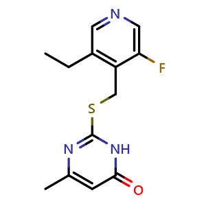 Chemical structure of 2-[(3-ethyl-5-fluoro-4-pyridyl)methylsulfanyl]-4-methyl-1H-pyrimidin-6-one , CAS 1256558-79-8, AChemBlock X210052