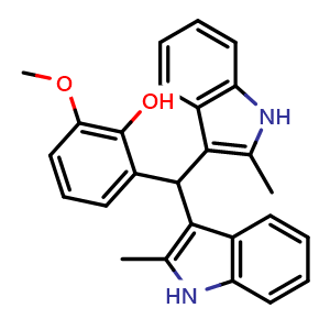 Chemical structure of 2-[bis(2-methyl-1H-indol-3-yl)methyl]-6-methoxy-Phenol , CAS 618406-17-0, AChemBlock X210064