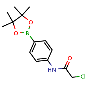Chemical structure of 2-chloro-N-(4-(4,4,5,5-tetramethyl-1,3,2-dioxaborolan-2-yl)phenyl)acetamide , CAS 825630-79-3, AChemBlock X210110