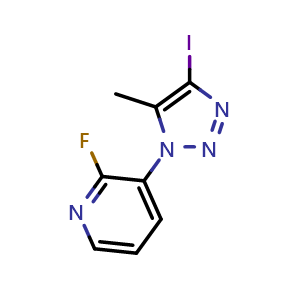 Chemical structure of 2-fluoro-3-(4-iodo-5-methyl-1H-1,2,3-triazol-1-yl)-pyridine , CAS 873551-07-6, AChemBlock X210118
