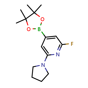 Chemical structure of 2-fluoro-6-(pyrrolidin-1-yl)-4-(4,4,5,5-tetramethyl-1,3,2-dioxaborolan-2-yl)pyridine , CAS 1309980-28-6, AChemBlock X210121