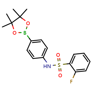 Chemical structure of 2-fluoro-N-[4-(4,4,5,5-tetramethyl-1,3,2-dioxaborolan-2-yl)phenyl]Benzenesulfonamide , CAS 1637249-14-9, AChemBlock X210124