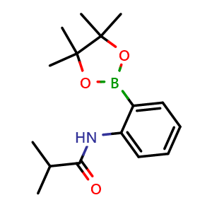 Chemical structure of 2-methyl-N-[2-(tetramethyl-1,3,2-dioxaborolan-2-yl)phenyl]propanamide , CAS 2246676-49-1, AChemBlock X210142
