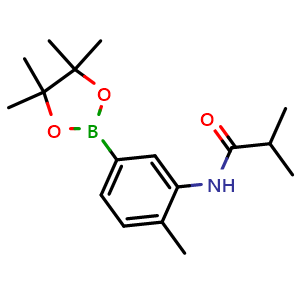 Chemical structure of 2-methyl-N-[2-methyl-5-(tetramethyl-1,3,2-dioxaborolan-2-yl)phenyl]propanamide , CAS 2246834-15-9, AChemBlock X210143