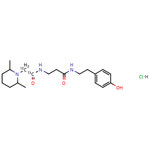 Chemical structure of 3-(2-(2,6-dimethylpiperidin-1-yl)acetamido-1-13C-1-13C)-N-(4-hydroxyphenethyl)propanamide hydrochloride , AChemBlock X210165