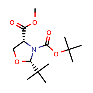Chemical structure of 3-(tert-butyl) 4-methyl (2S,4R)-2-(tert-butyl)oxazolidine-3,4-dicarboxylate , CAS 380429-42-5, AChemBlock X210182