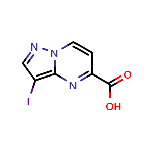 Chemical structure of 3-iodopyrazolo[1,5-a]pyrimidine-5-carboxylic acid , CAS 619306-86-4, AChemBlock X210264