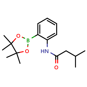 Chemical structure of 3-methyl-N-[2-(tetramethyl-1,3,2-dioxaborolan-2-yl)phenyl]butanamide , CAS 2246681-91-2, AChemBlock X210273