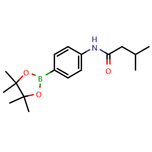 Chemical structure of 3-methyl-N-[4-(tetramethyl-1,3,2-dioxaborolan-2-yl)phenyl]butanamide , CAS 2246852-44-6, AChemBlock X210275