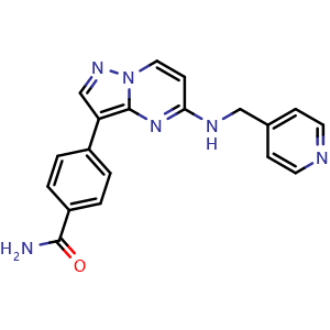 Chemical structure of 4-(5-((pyridin-4-ylmethyl)amino)pyrazolo[1,5-a]pyrimidin-3-yl)benzamide , CAS 2414373-42-3, AChemBlock X210313
